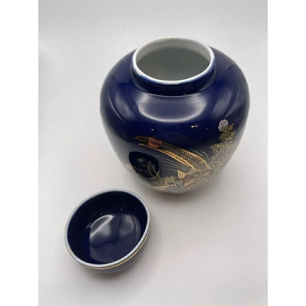 Ginger Jar vintage blue cobalt pheasant gold trimmed